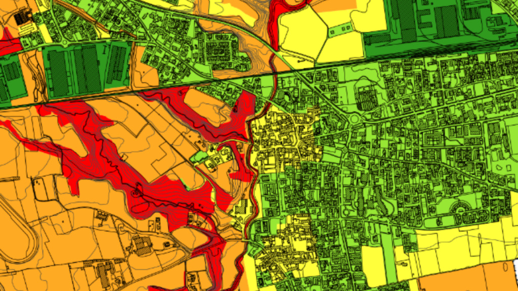 Mappa del Piano delle Regole del PGT di Terno, con vie e località evidenziate e aree del territorio colorate per destinazioni urbanistiche: giallo, verde, arancione e rosso.