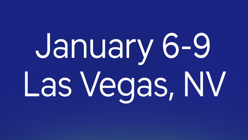 Date del CES: 6-9 gennaio a Las Vegas, Nevada, su sfondo blu.