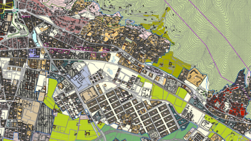 Mappa del Piano delle Regole del PGT di Brescia, con vie e località evidenziate. Le aree del territorio sono colorate in giallo, rosa, azzurro e verde per distinguere le diverse destinazioni urbanistiche e funzionali.