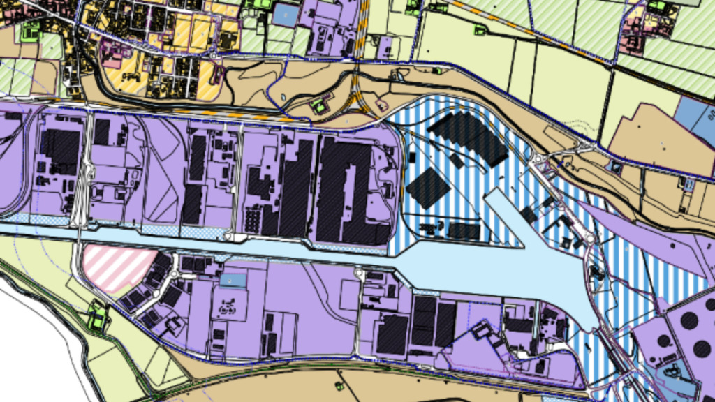 Mappa del Piano delle Regole del PGT di Cremona, con vie e località evidenziate. Le aree del territorio sono colorate in verde, azzurro, giallo e viola per distinguere le diverse destinazioni urbanistiche e funzionali.