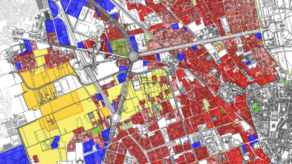 Mappa del Piano delle Regole del PGT di Monza, con vie e località evidenziate. Le aree del territorio sono colorate in giallo, blu e rosso per distinguere le diverse destinazioni urbanistiche e funzionali.